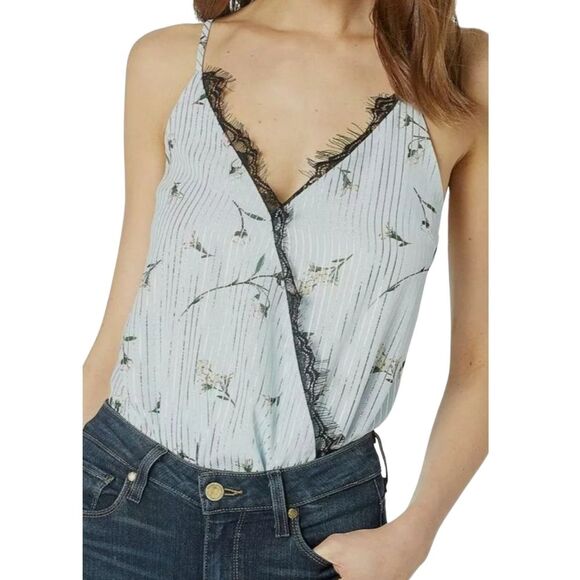 Wayf Blue Lizzie Eyelash Lace Surplice Floral Bodysuit Metallic Pinstripe Size S - Picture 1 of 9